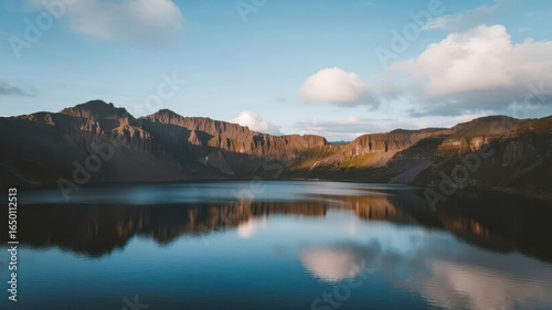 Calm Mountain Lake with Reflections Under a Serene Sky