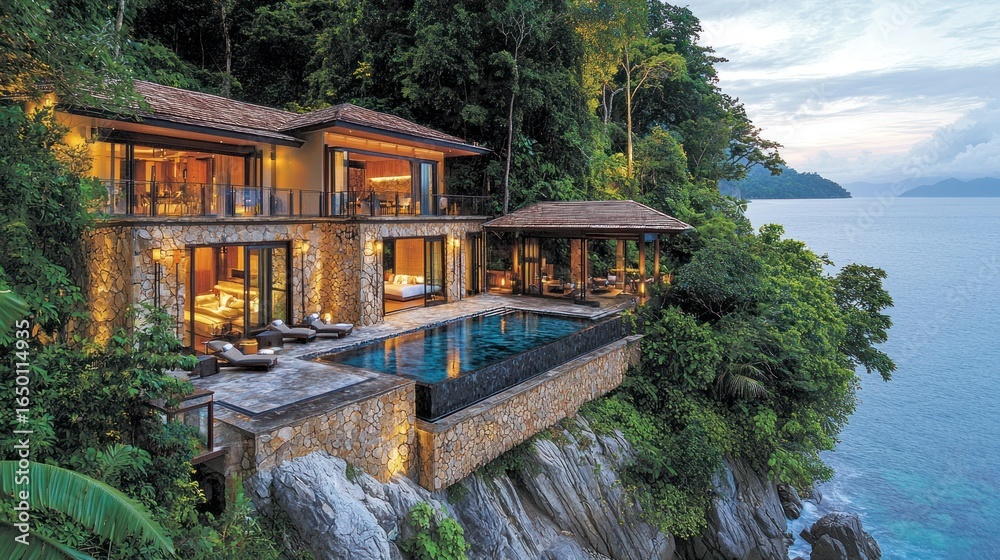 Fototapeta premium Cliffside luxury villa with pool overlooking ocean surrounded by lush greenery
