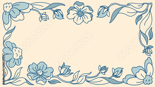 16:9 horizontal floral banner or wide frame for text. Perfect for romantic greetings or cards. Features blue flowers and ample copy space for custom text. Ideal for invitations or digital designs.