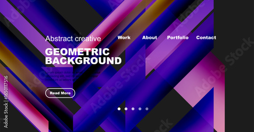 Vibrant geometric background features purple, pink hues. Website header includes navigation options, text, button. Modern design elements present.