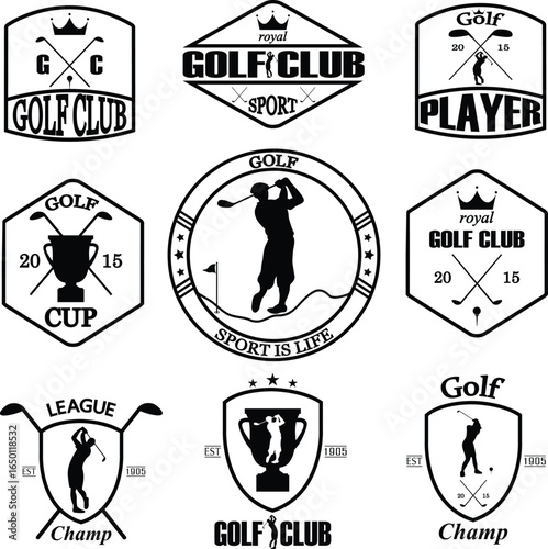 Golf Club Badges and Logo Set Silhouette Players Trophies and Vintage Emblems