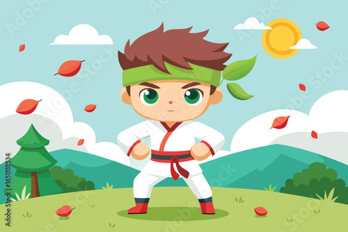Cartoon Karate Kid Standing in Nature Ready to Fight Position