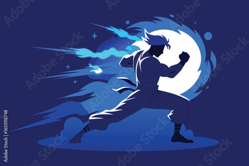 Silhouette of a powerful martial artist in action with blue energy effect