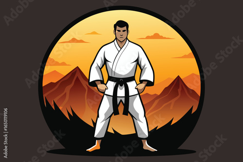 Karate master standing strong in front of a mountain sunset landscape