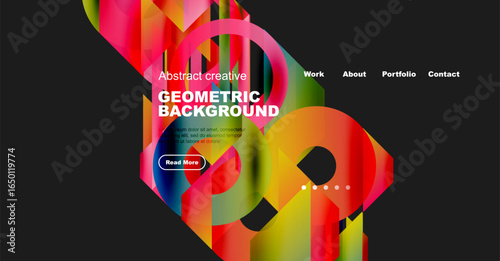 Vibrant geometric design. Colorful shapes create dynamic background. Website header includes navigation options, button. Modern aesthetic.