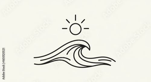 Minimalist beach wave and sun vector illustration for summer vacation and travel designs and creative projects