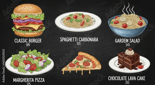 Delicious food menu featuring classic burger spaghetti carbonara pizza salad and chocolate lava cake dishes
