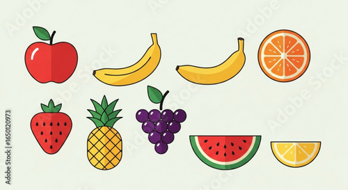 Healthy eating fruits vector illustration with apple banana grapes orange pineapple strawberry lemon melon