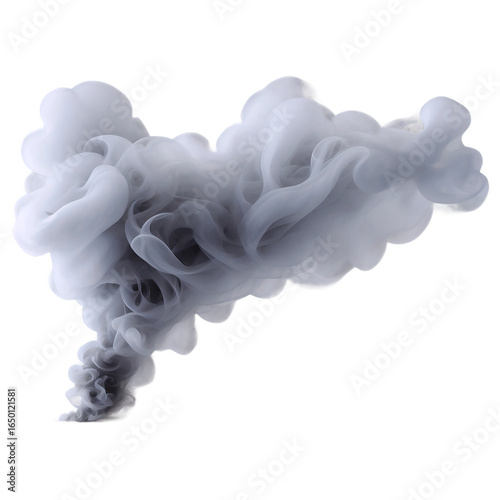 Abstract swirling grey smoke plume against white background.