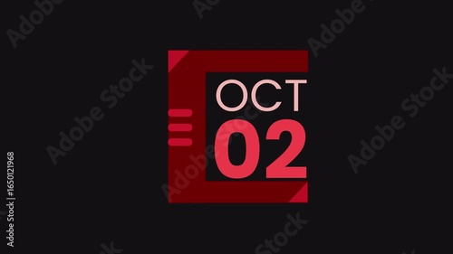 2nd October calendar icon animation. Alpha matte with transparent background 4K resolution.