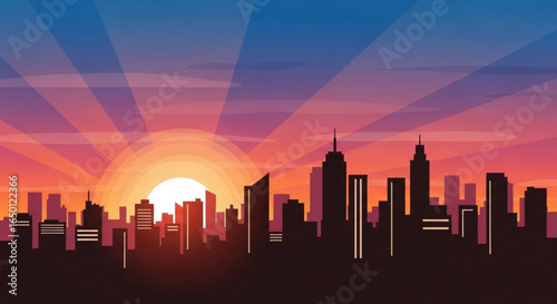 City skyline silhouette vector at sunset with skyscrapers and urban buildings landscape illustration design