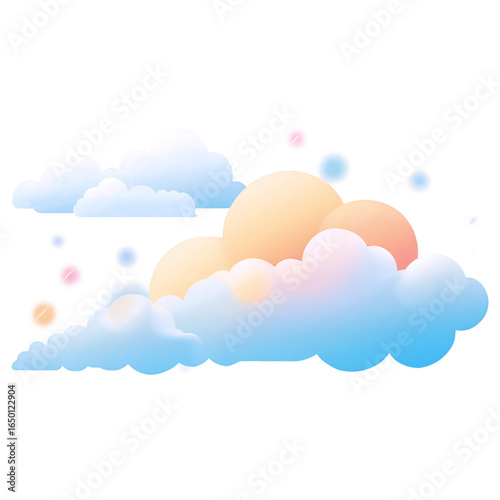 A dreamy abstract illustration of soft pastel clouds and glowing orbs against a clean white background.