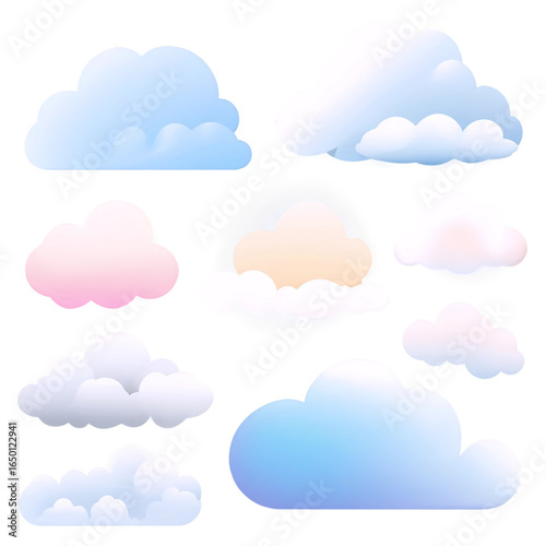Collection of stylized gradient clouds in various shapes and pastel colors.