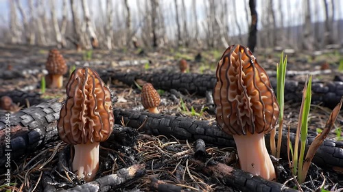 Brown Morel Mushrooms Emerging From Burned Forest Floor