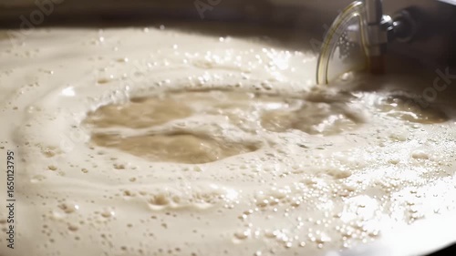 Beige Liquid Swirling with Foam in Metal Container