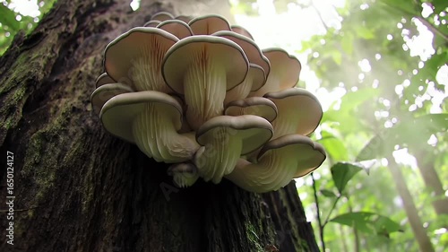 Off White Mushrooms Cluster on Dark Brown Tree Trunk in Lush Green Forest