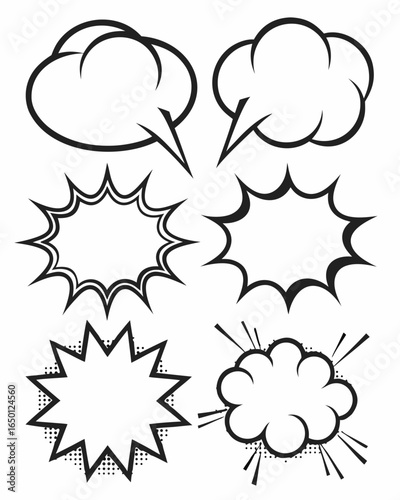 Black and white comic book speech bubbles and sound effects