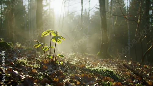 Sunrise Illuminates Young Plant in Misty Forest