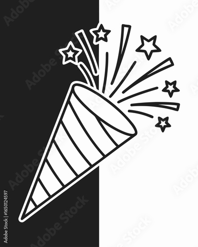 Black and white line art of a party popper exploding with stars