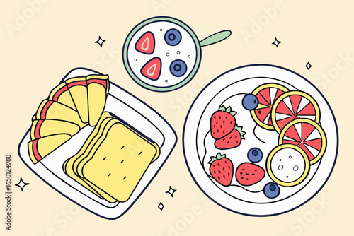 Healthy breakfast spread with toast fruit and yogurt