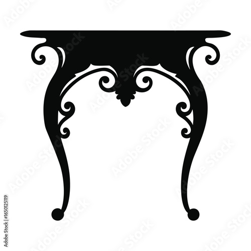 Corner table with ornate wood carving in black silhouette  illustration