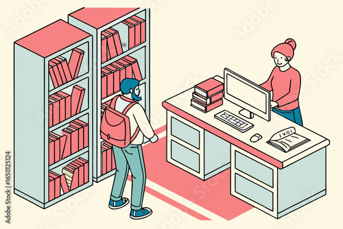 Student interacting with librarian at library desk with bookshelves