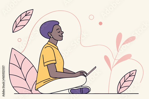 Woman meditating with laptop in a relaxed posture surrounded by nature elements