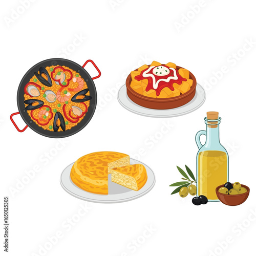 Colorful illustration of Spanish cuisine, including paella, tortilla Española, and olive oil.