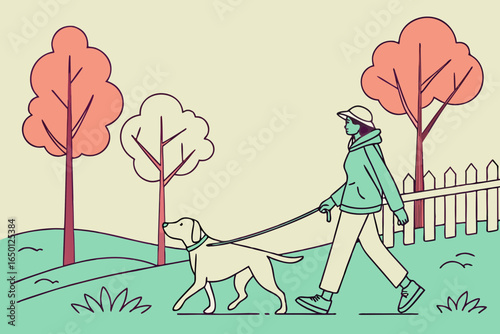 Woman walking a dog in a park with trees and a fence