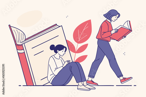 Two women reading books in a minimalist illustration style