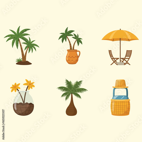 Tropical vacation icons: palm trees, beach umbrella, drinks, and a beachside stand.