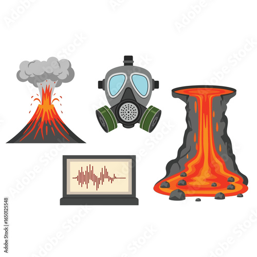 Volcanic eruption, gas mask, lava flow, and seismic activity monitoring.
