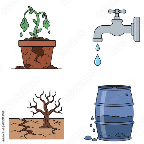 Wilting plant, leaking tap, cracked earth, and dwindling water barrel depict drought's impact.
