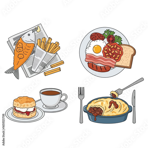 Illustration showcasing various traditional British foods, including fish and chips, a full breakfast, scones, and a pie.