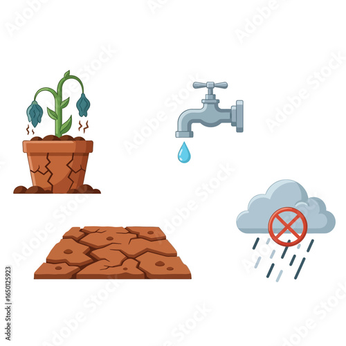 Illustration showing a dying plant in cracked soil, a dripping faucet, dry earth, and a cloud with rain crossed out, representing drought.