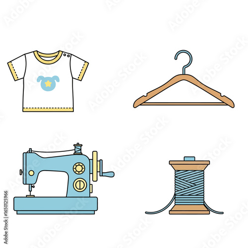 Illustration of a baby shirt, wooden hanger, sewing machine, and spool of thread, arranged in a square layout.