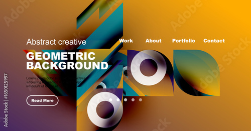 Vibrant website mockup features geometric shapes, gradients. Text elements include headings, body copy, button. Orange, blue hues dominate design.