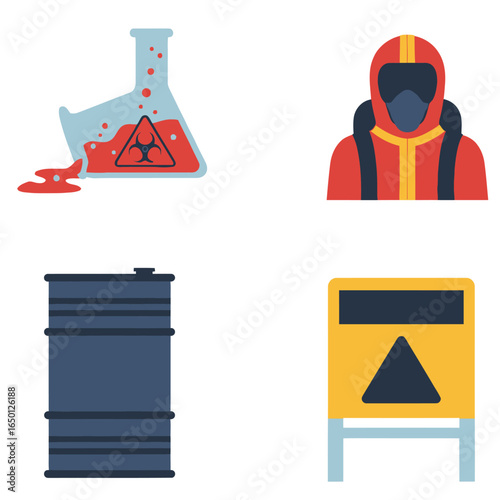 Hazardous materials, including a beaker of toxic liquid, a hazmat suit, a barrel, and a warning sign.
