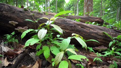 Green Plants Sprouting Among Fallen Logs in Lush Forest