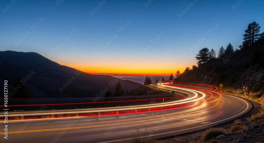 Fototapeta premium Winding Mountain Road at Sunset with Car Light Trails