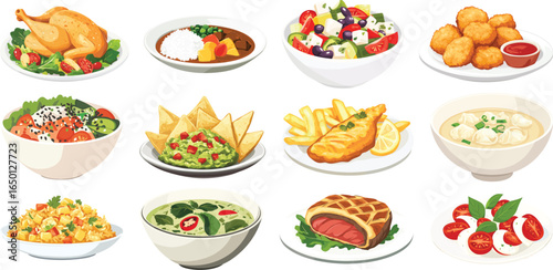 Illustration of various international dishes, including salads, meats, and soups, vector set