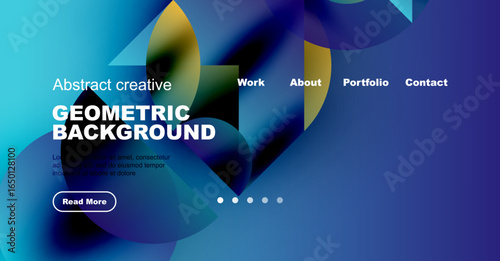 Abstract geometric background with blue, yellow hues. Website header includes navigation options, text, button. Modern design elements present.
