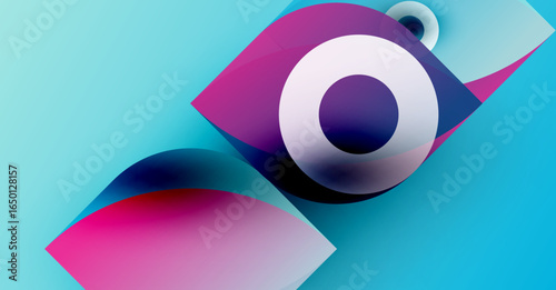 Abstract shapes overlap, creating vibrant composition. Blue, purple hues dominate design. Modern aesthetic, dynamic feel.