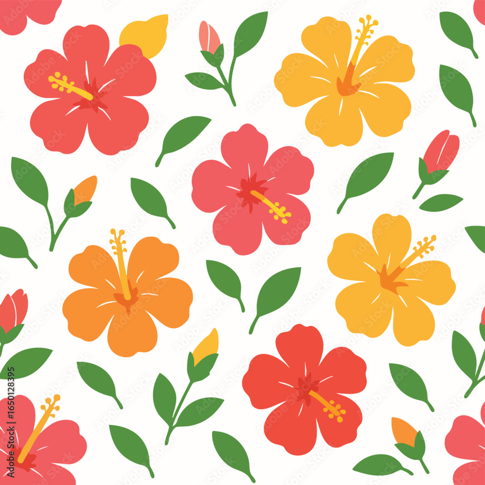 Fototapeta premium Colorful Tropical Hibiscus Flower Seamless Pattern.