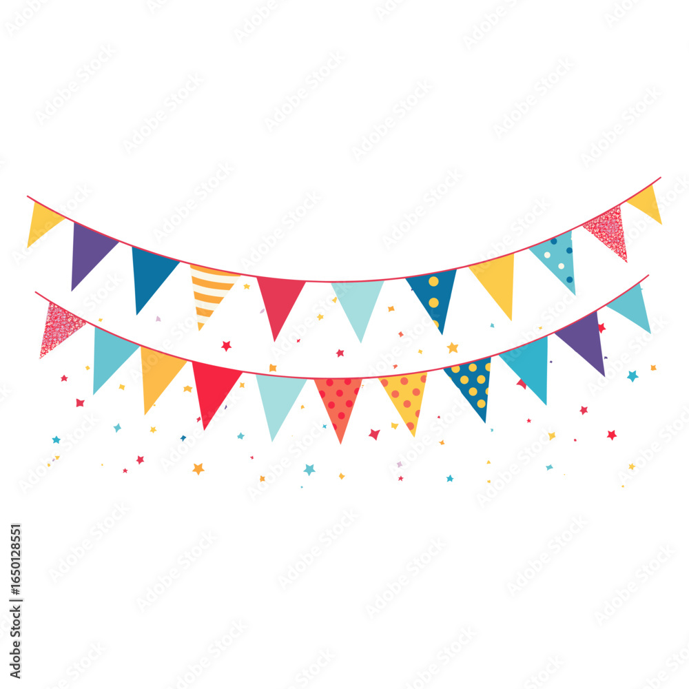 Fototapeta premium Confetti and bunting flags illustration colorful celebration vector