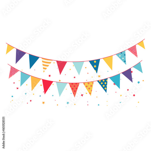 Confetti and bunting flags illustration colorful celebration vector