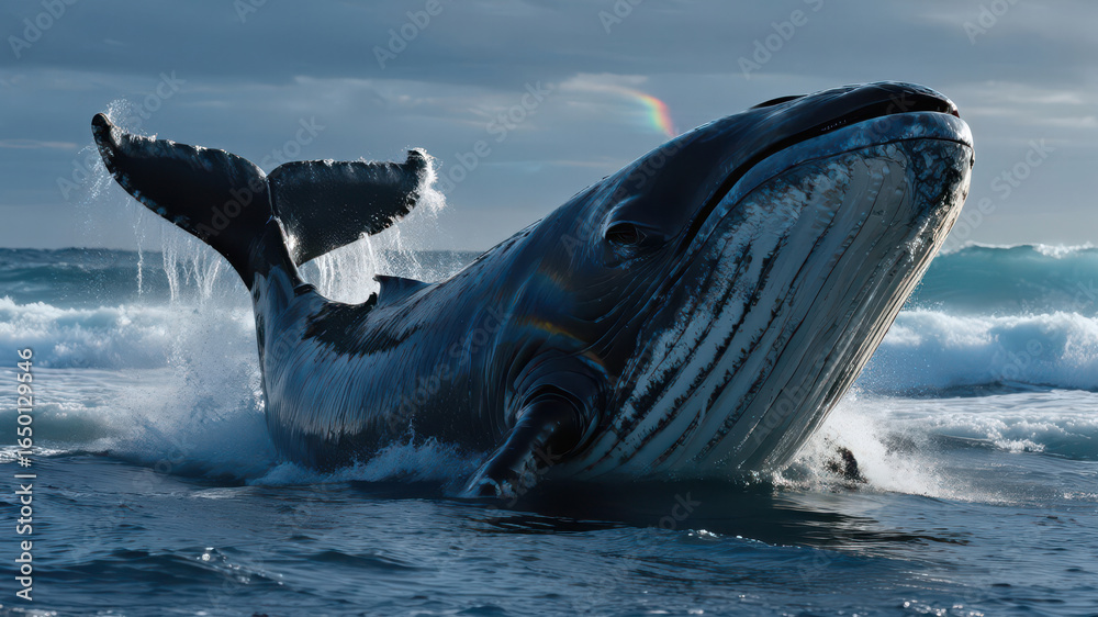 Fototapeta premium A humpback whale breaches the ocean surface, showcasing its massive size and dynamic movement.