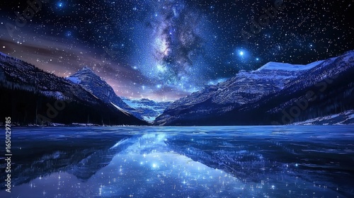 Frozen lake reflecting a night sky full of stars.