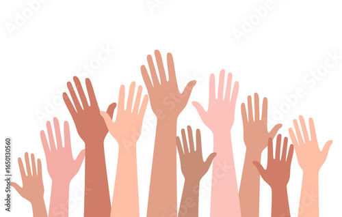 Closeup of multiracial hands raise up in air. Diverse interracial people palms rise up volunteer or vote. Vector illustration.