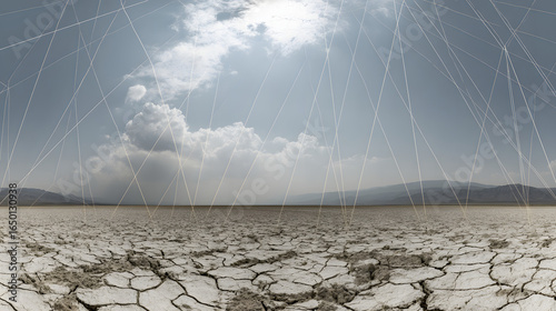 A cracked desert basin with grid lines, representing sudden ecological collapse.